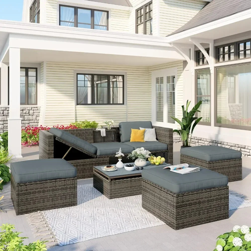 y 5-Piece Patio Furniture Sets with Adustable Backrest, Ottomans and Lift Top Coffee Table, All Weather Waterproof Wicker