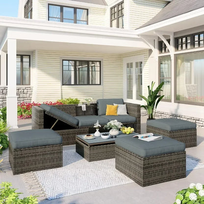 y 5-Piece Patio Furniture Sets with Adustable Backrest, Ottomans and Lift Top Coffee Table, All Weather Waterproof Wicker