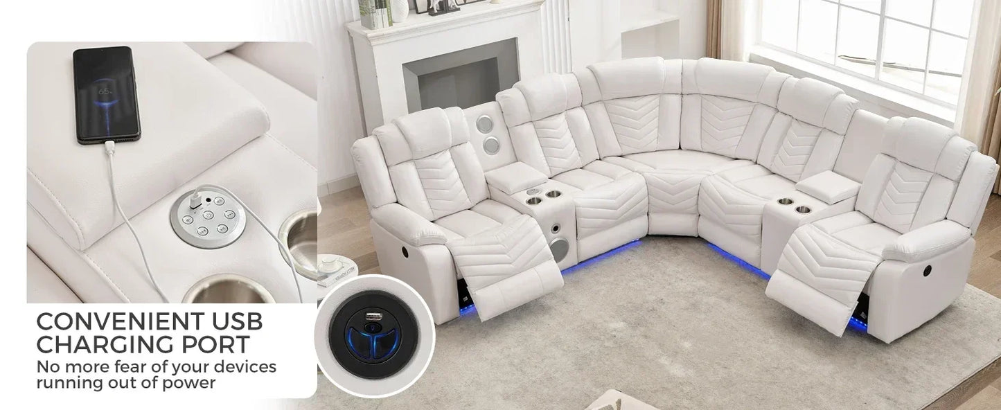 QAZ8-Power Recliner Sectional Sofa Couches with Bass Speakers Living Room.Leather Reclining Corner Sectionals Sofa Couch Sets wi