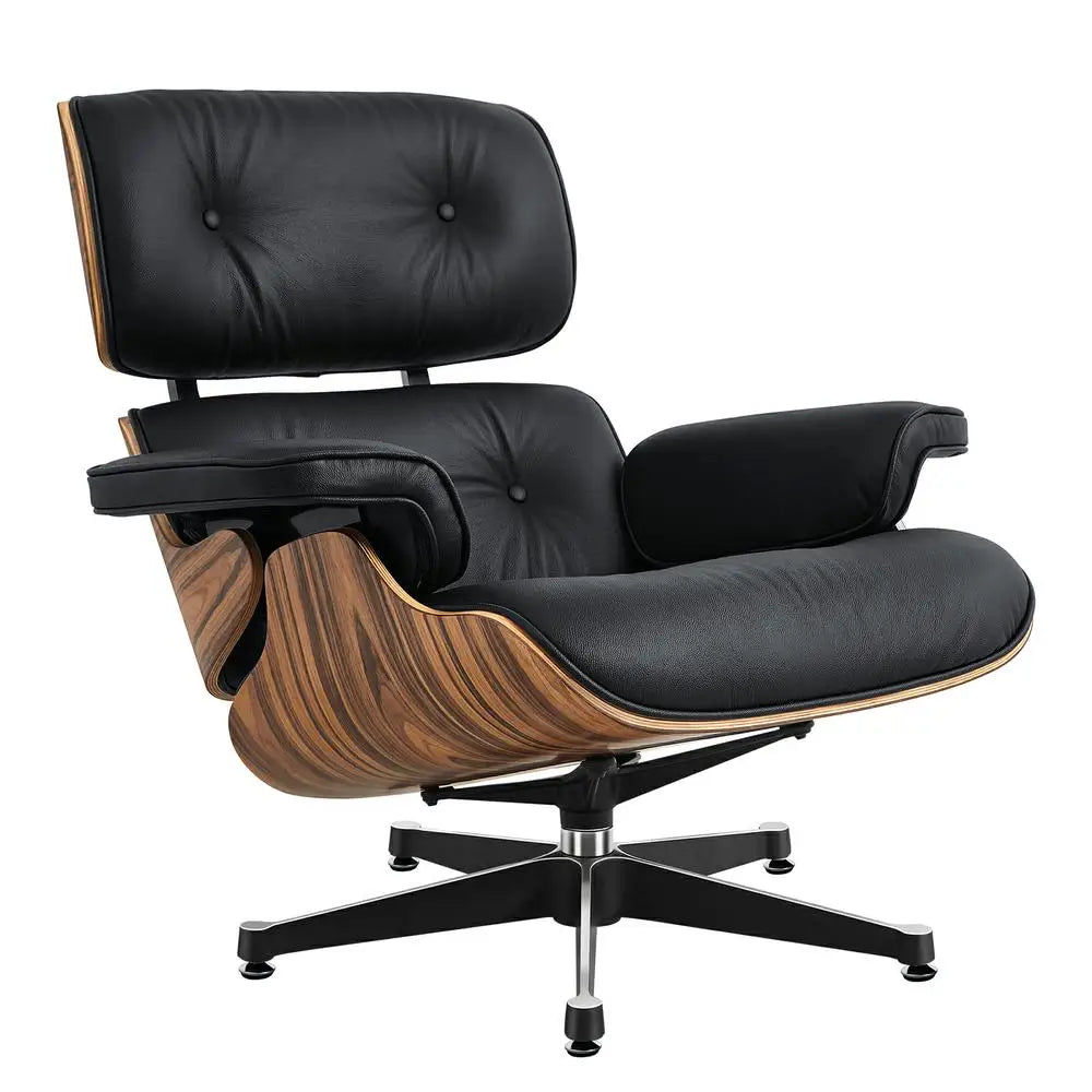 TY307 Classic Recliner with Ottoman Light acid Branch Armchair Black Cowhide Black Big Head Foot Swivel Deck Chair Clean Lines