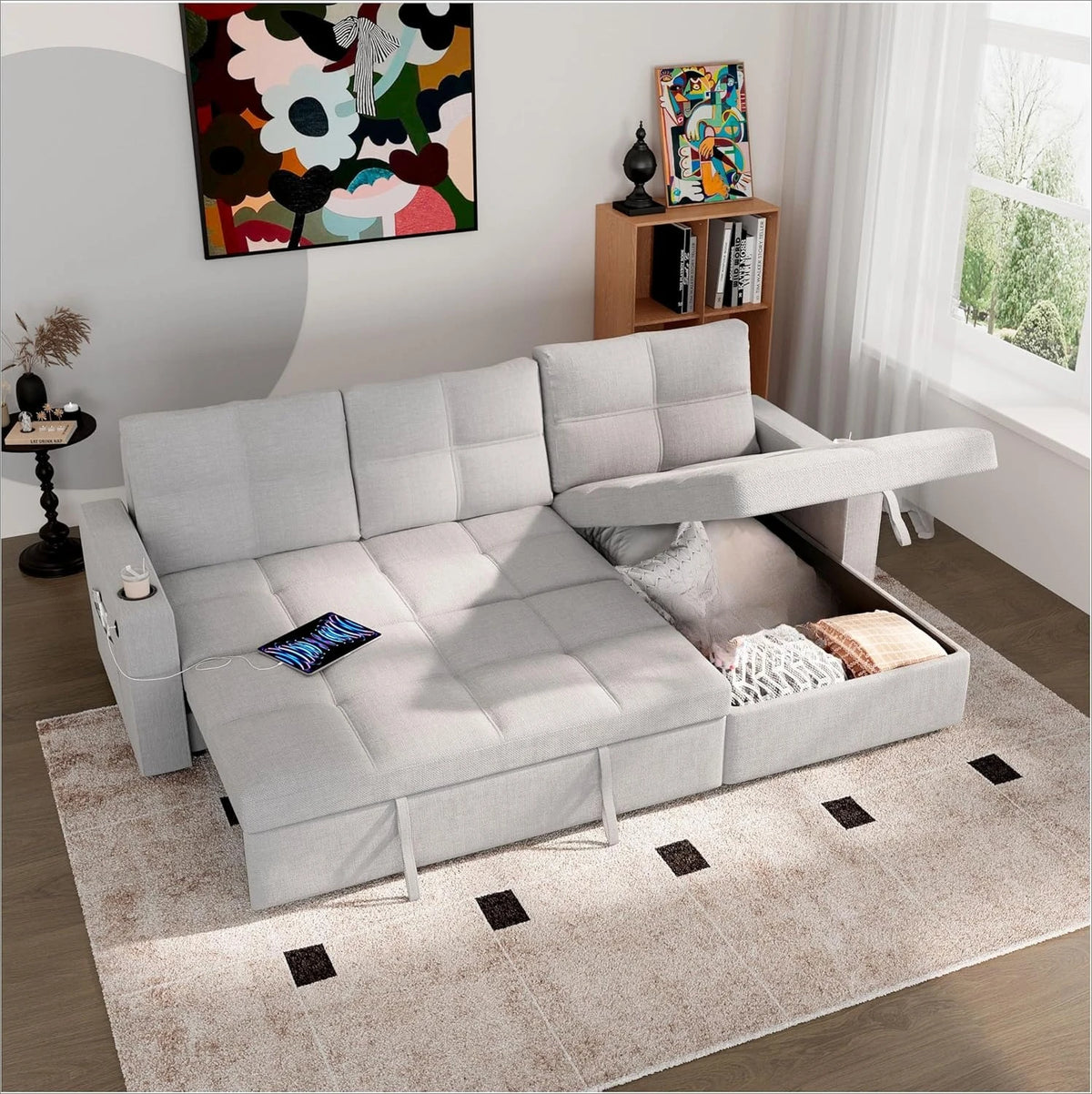 85 inch Large Sleeper Sofa Bed with Storage,L Shaped Sectional Couch Bed,2 in 1 Pull Out Couches with Convertible Chaise