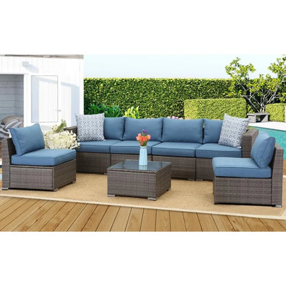 7 Piece Patio Furniture Sets,All Weather Outdoor Sectional Patio Sofa Manual Weaving Wicker Patio Seating Rattan Sofas with Gla