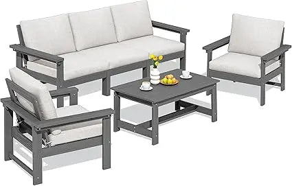 HDPE Patio Conversation Set, 6-Piece Sectional Outdoor Furniture Set, All Weather Outdoor Couch Set Patio Furniture Set for Dec
