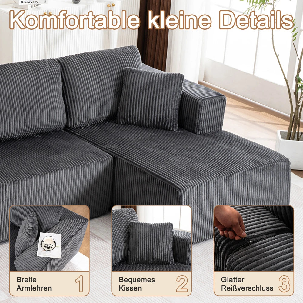 Living Room Boneless Modular Sofa, Corduroy Fabric, Modern U-shaped Leisure Sofa, High-density Sponge, No Assembly, for Home