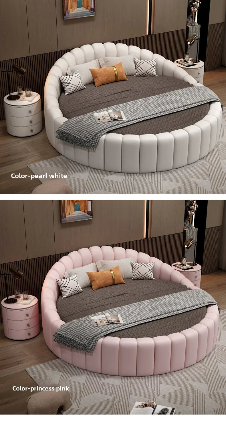 modern simple round bed leather double apartment master bedroom princess bed marriage base de cama king size home furniture