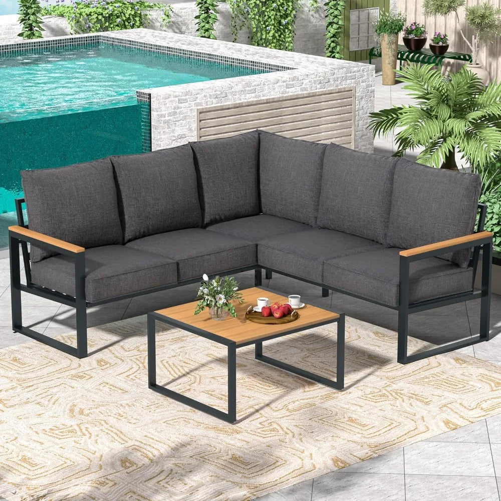 6 Pieces Outdoor Sectional Sofa Set Metal Patio Furniture Set,  with Side Table, L Shape Patio Conversation Set with Faux-Wood