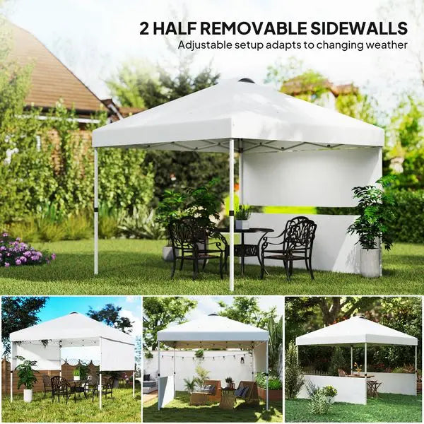 White 10'x10' Pop Up Tent UV50 Sun Protection 2 Half Sidewalls Gazebo with Wheeled Carry Bag Outdoor Use