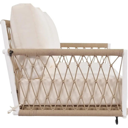 Beige 2-Person Porch Swing with Woven Rope and Soft Cushion for Patio or Garden