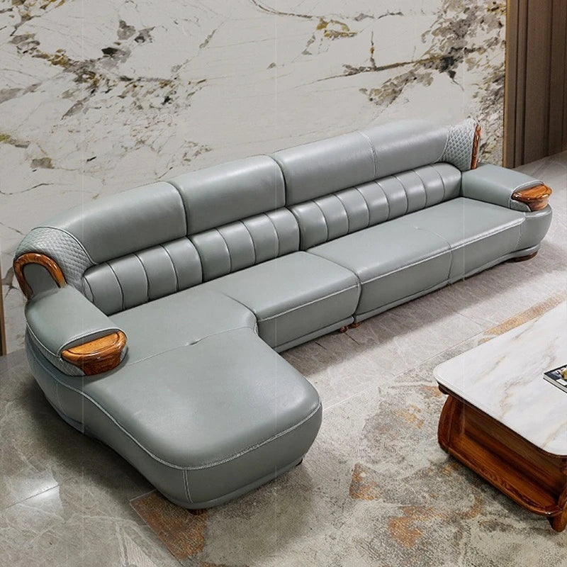 New Chinese black gold wood leather sofa high-end luxury villa living room simple concubine corner household solid wood