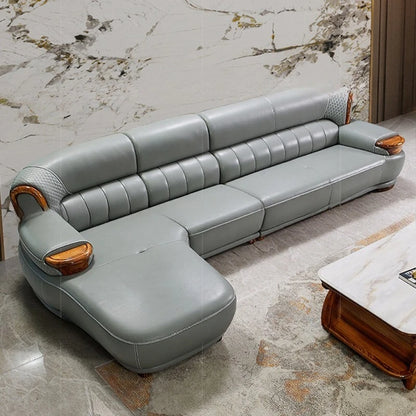 New Chinese black gold wood leather sofa high-end luxury villa living room simple concubine corner household solid wood