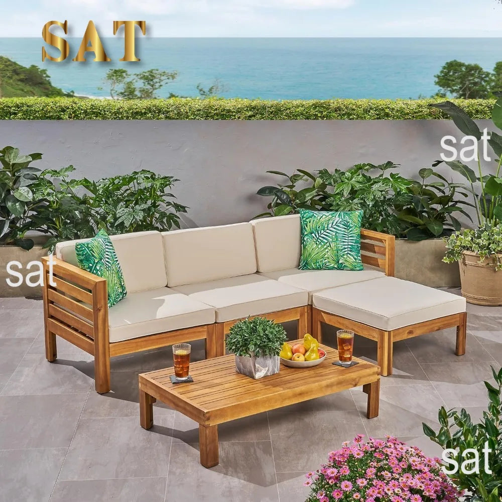 L # Alice Outdoor 5 Piece Acacia Wood Sofa Set, Teak Finish, Beige