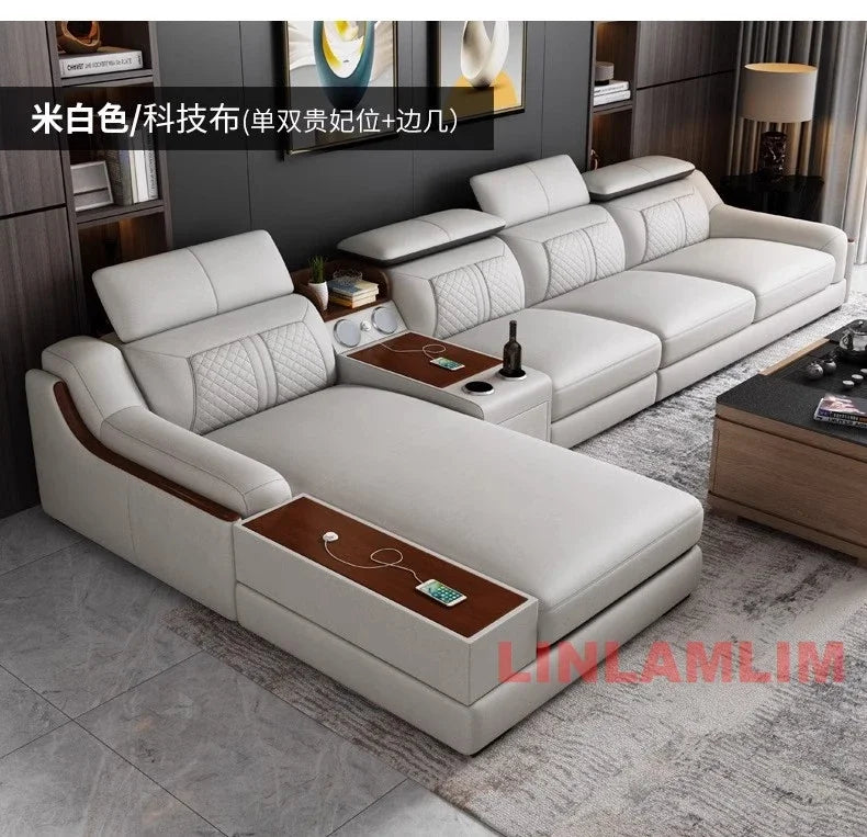 Modern U-Shaped Sectional Sofa Set with Chaise Lounge, Genuine Leather Couch with Storage Table, USB – Big Living Room Furniture