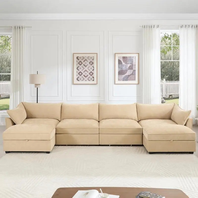 U-Shaped 4-Seat Deep Seat Sofa Couch with 2 Movable Ottomans, Oversized Modular Sectional Sofa with Storage Drawers Under Each