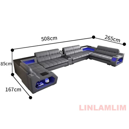 Modern Sectional Sofa Bed with LED Light, Electric Recliner and Massage | Living Room Genuine Leather Couch with Cup Holder, USB