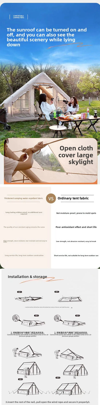 Inflatable tent camping for 1-6 people, hand pump inflation large tent, with skylight and chimney waterproof oxford cloth all