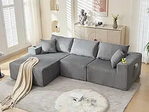 107-inch Cloud-Style Sofa, Modular Sofa with L-Shaped Chaise Longue, Corduroy Frameless Sofa, Living Room Upholstered Sofa