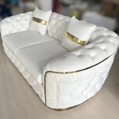 Factory direct sales European luxury rose gold legs white chesterfield sofa velvet fabric button tufted living room sofa