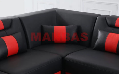 Modern LED Light Genuine Leather Sectional Sofa Set with Storage Shelves, USB Charging Ports, Cup Holder and Contemporary Design