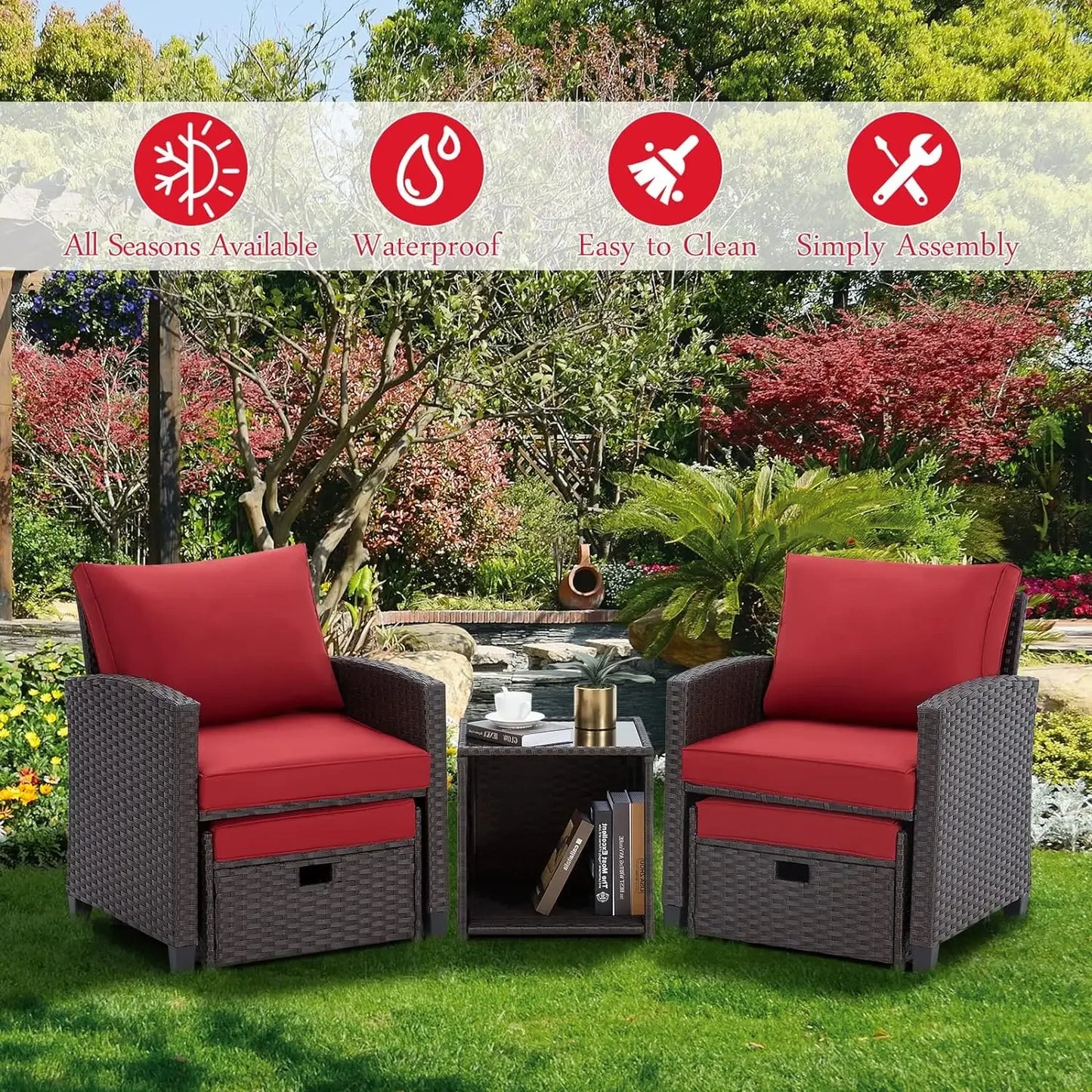 5Pcs Patio Set,  Wicker Outdoor Sectional with Cushions, Includes Coffe Table and Ottomans, Furniture for Pool, Garden, Patio