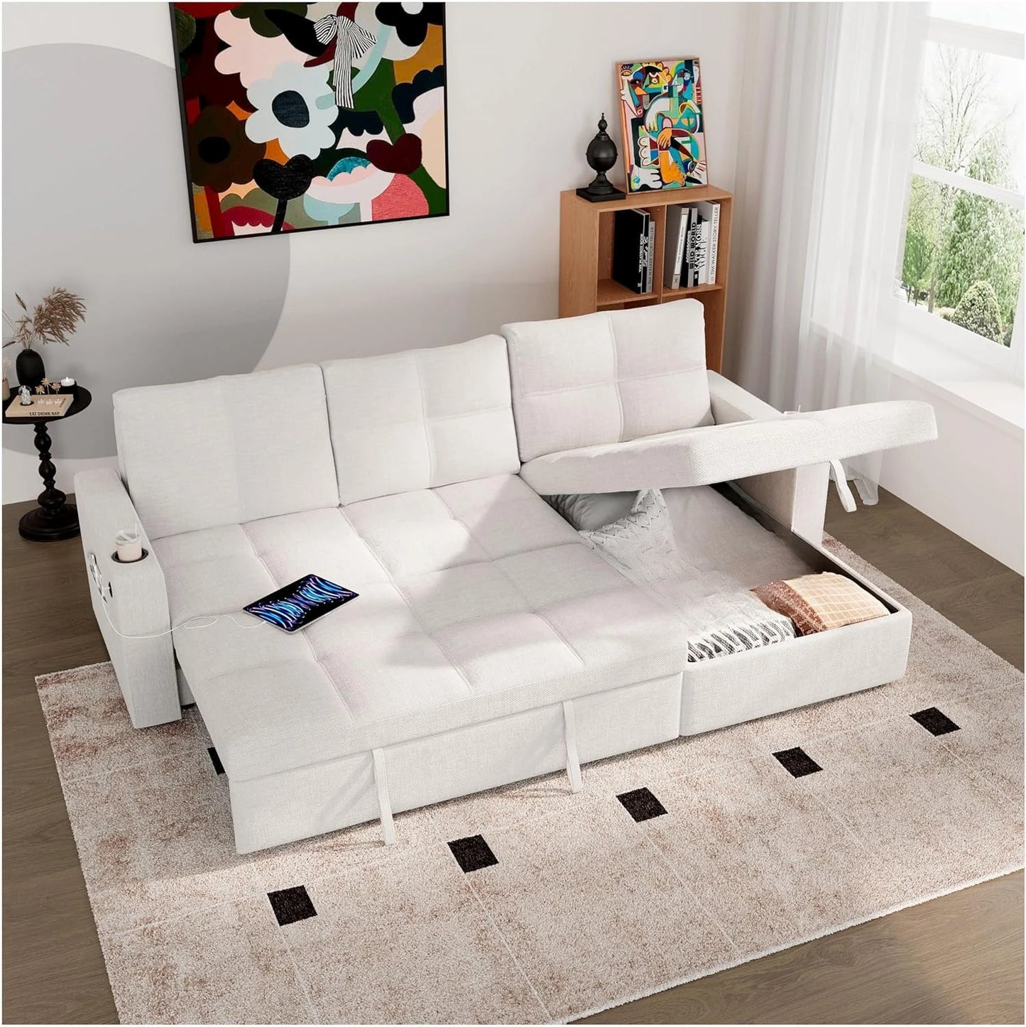85 inch Large Sleeper Sofa Bed with Storage,L Shaped Sectional Couch Bed,2 in 1 Pull Out Couches with Convertible Chaise