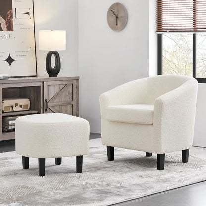 Modern Sherpa Accent Chair and Ottoman Set, Plush Barrel-Shaped Armchair with Footrest for Lounge Areas