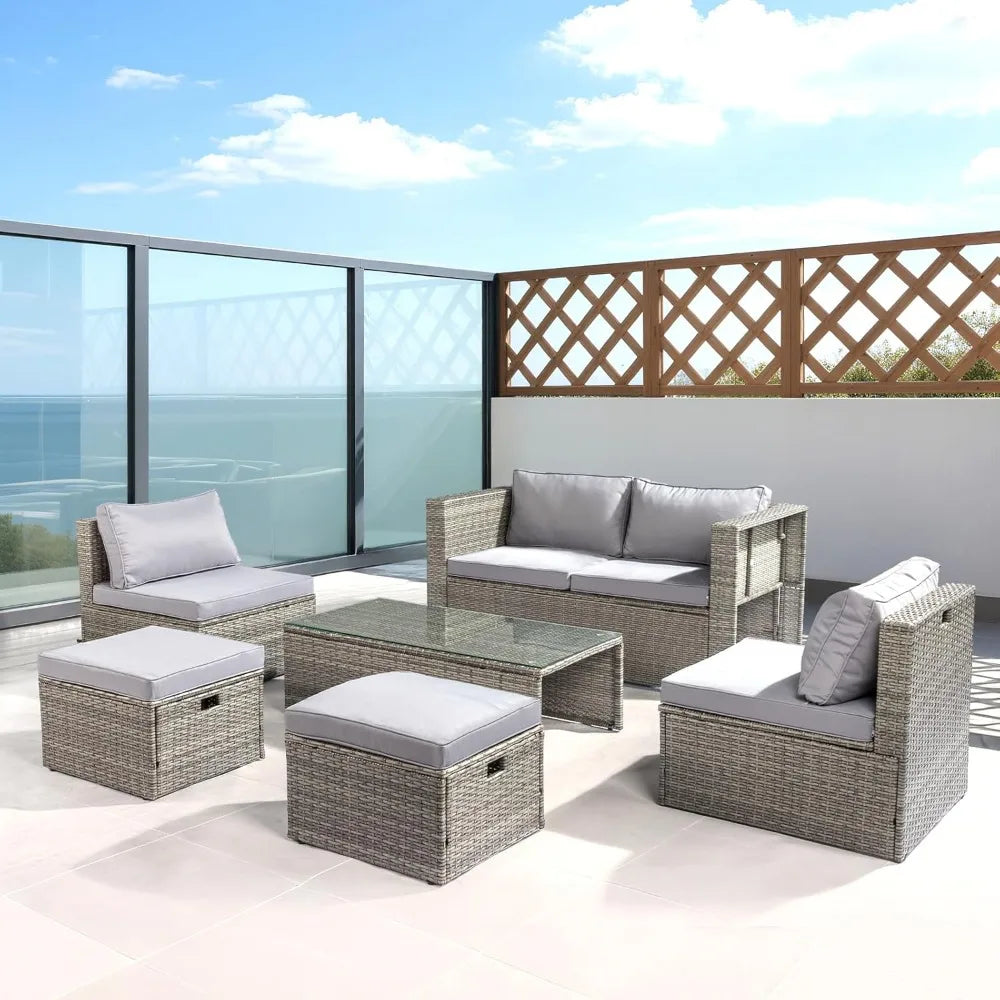 6-Piece Outdoor Wicker Sectional Furniture Set ，Space-Saving Design and Ottomans for Patio Conversation Area