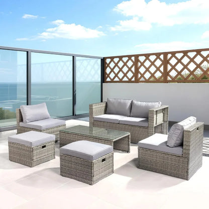 6-Piece Outdoor Wicker Sectional Furniture Set ，Space-Saving Design and Ottomans for Patio Conversation Area