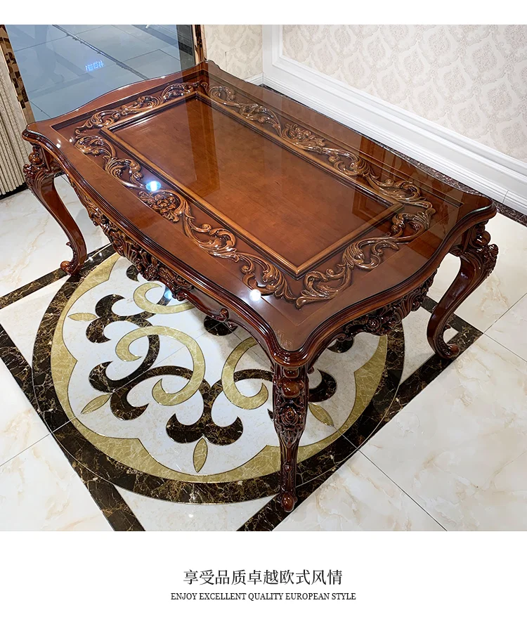 European-style all-solid wood dining table and chairs, living room, luxury villa home square table, French glass dining table