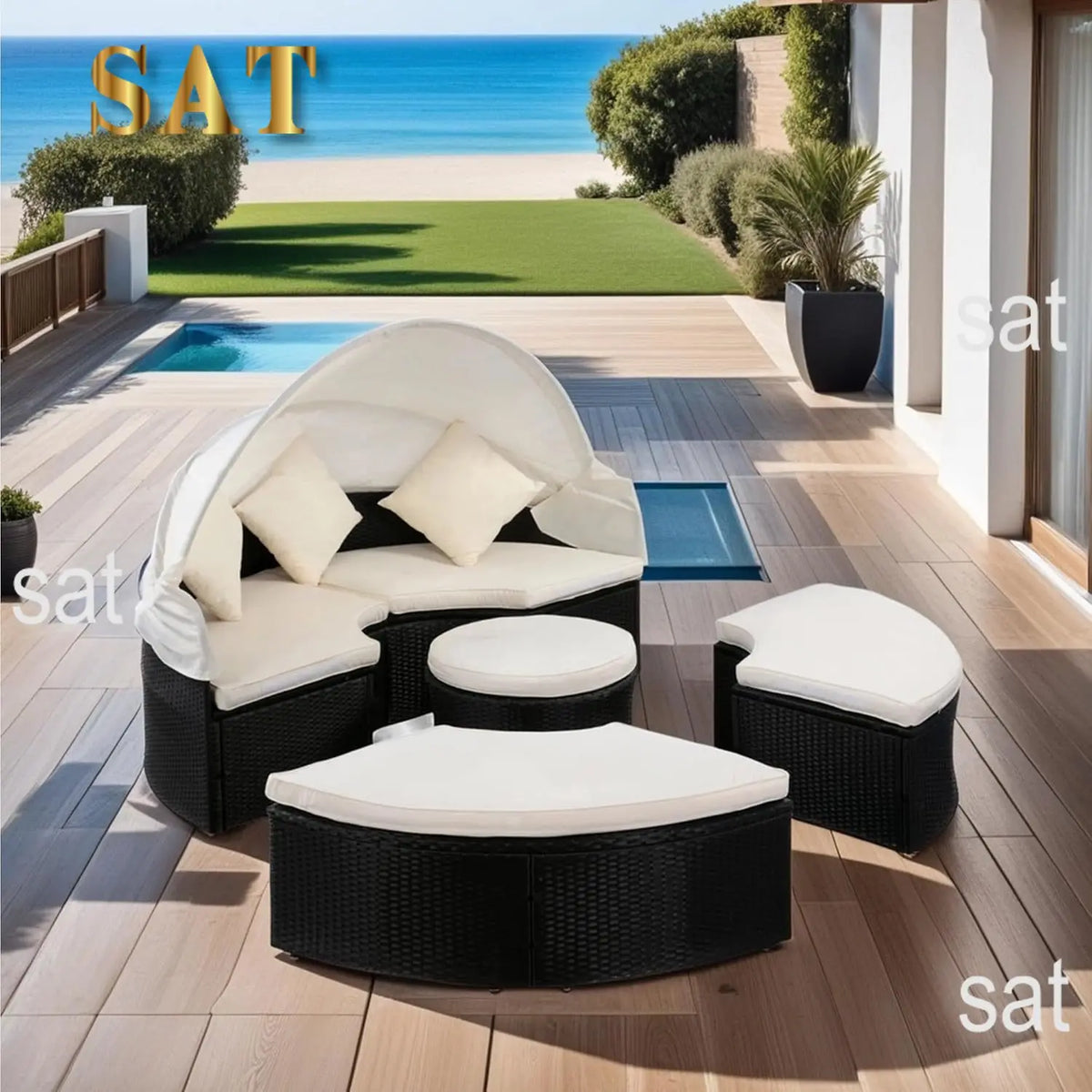 %a Patio Rattan Sunbed with Retractable Canopy, Round Outdoor Sectional Sofa Set with Separate Seating,liftable Table and Remov