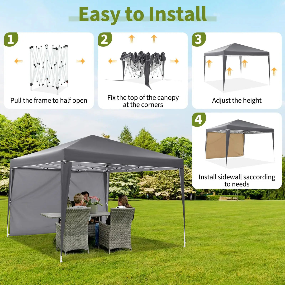10x10FT Pop Up Canopy Tent With 4 Sidewalls, UV Protection Portable Outdoor Gazebo WIth Roll-Up Windows For Camping, Backyard, P