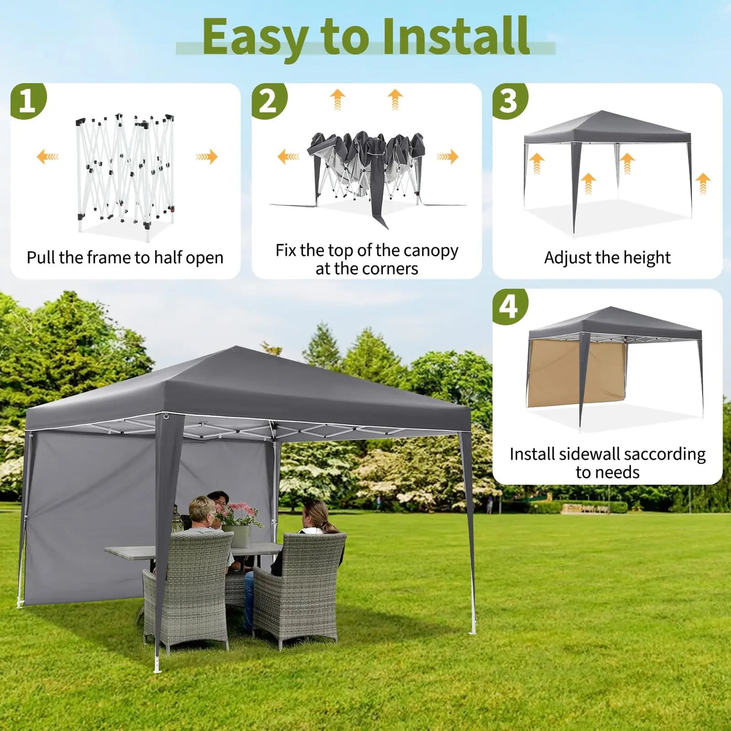 10x10FT Pop Up Canopy Tent With 4 Sidewalls, UV Protection Portable Outdoor Gazebo WIth Roll-Up Windows For Camping, Backyard, P