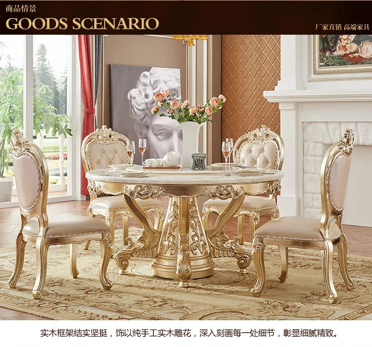European white ice jade marble gold round dining table and chair combination European luxury solid wood dining table