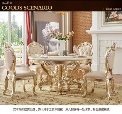 European white ice jade marble gold round dining table and chair combination European luxury solid wood dining table