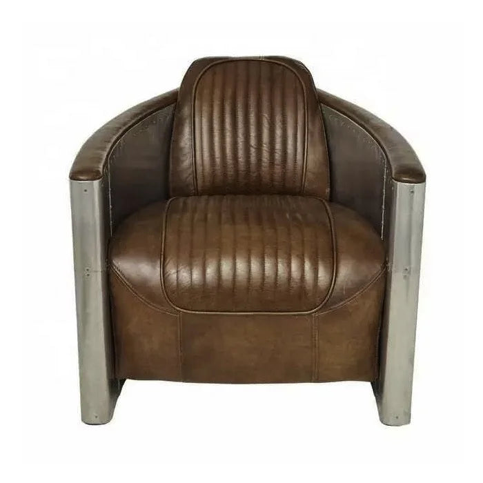 American Vintage Distressed Leather Armchair Hotel Sofa Accent Chair Aluminium Armrest Loft Aviation Chairs Aviation Furniture