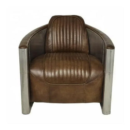 American Vintage Distressed Leather Armchair Hotel Sofa Accent Chair Aluminium Armrest Loft Aviation Chairs Aviation Furniture