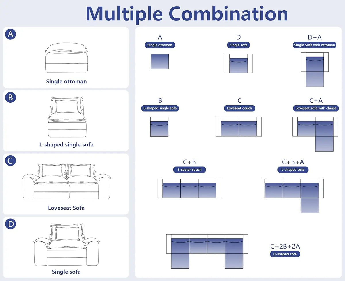 120in Modular Sectional Sofa Deep Seat Removable Cover Living Room 3-Seater Blue Grey Customized
