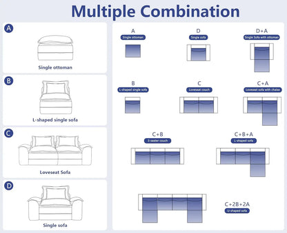 120in Modular Sectional Sofa Deep Seat Removable Cover Living Room 3-Seater Blue Grey Customized
