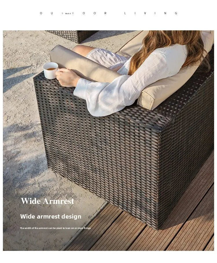 Rattan Garden Furniture Set, Outdoor Corner Sofa Couch, Handwoven Rattan Patio Conversation Set, Cushions and Glass Table