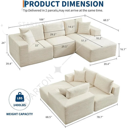 118" Compressed Sofa for Living Room L Shaped Boneless Couch, Modular Sectional Sofa, Sofa Bed Memory Foam Couches with Chaise