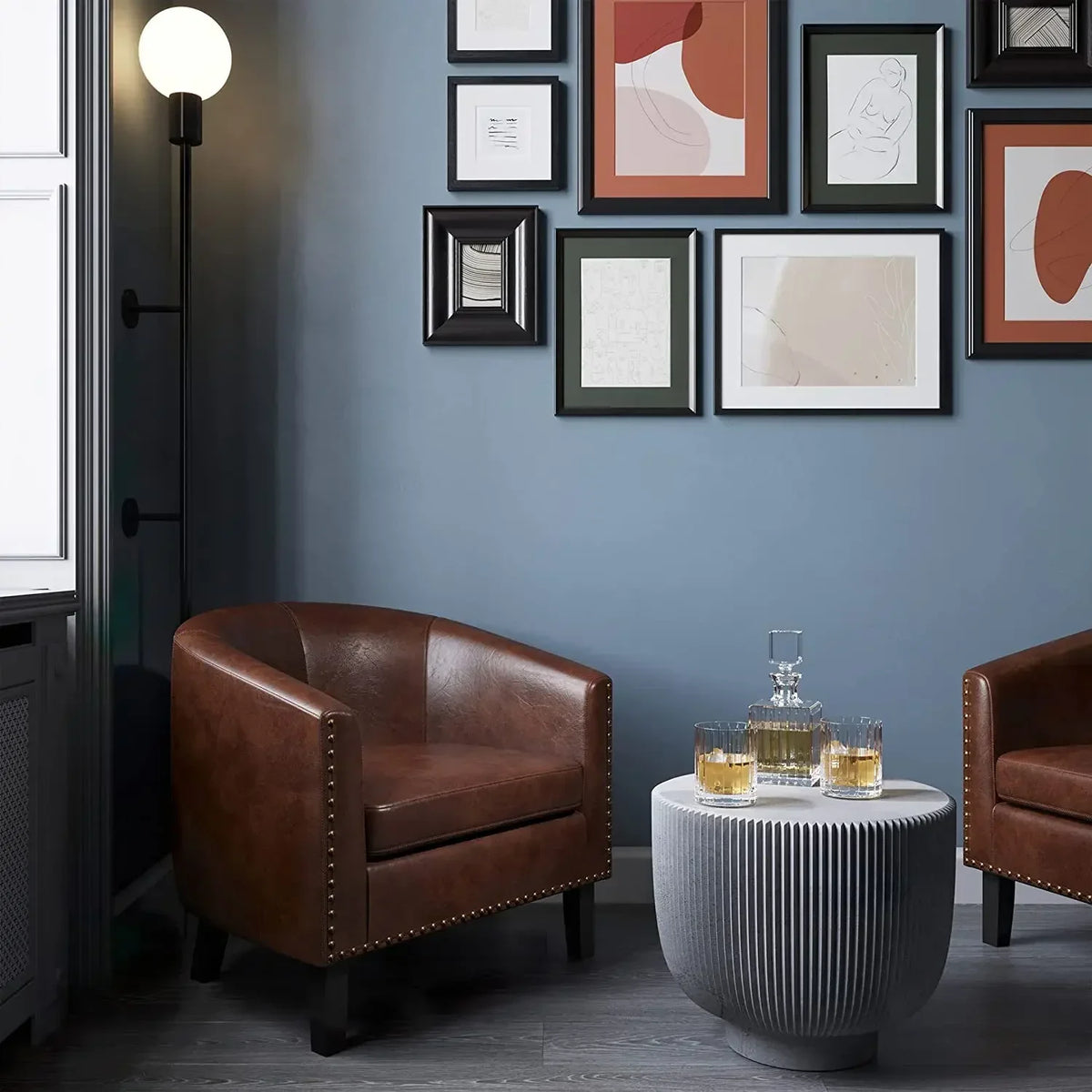 Modern Tub Club Chair Upholstered Armchair for Living Room Faux Leather Chair with Gold Nail Head Trim Black Legs