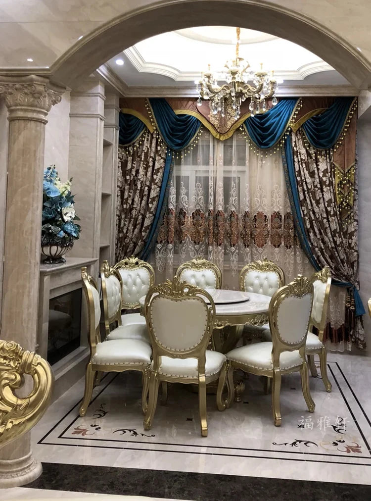 European white ice jade marble gold round dining table and chair combination European luxury solid wood dining table