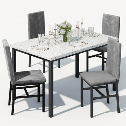 4-piece Dining Table and Chair Set, 5-piece Modern Dining Room Dining Table Set with Faux Marble Top and PU Leather Chairs