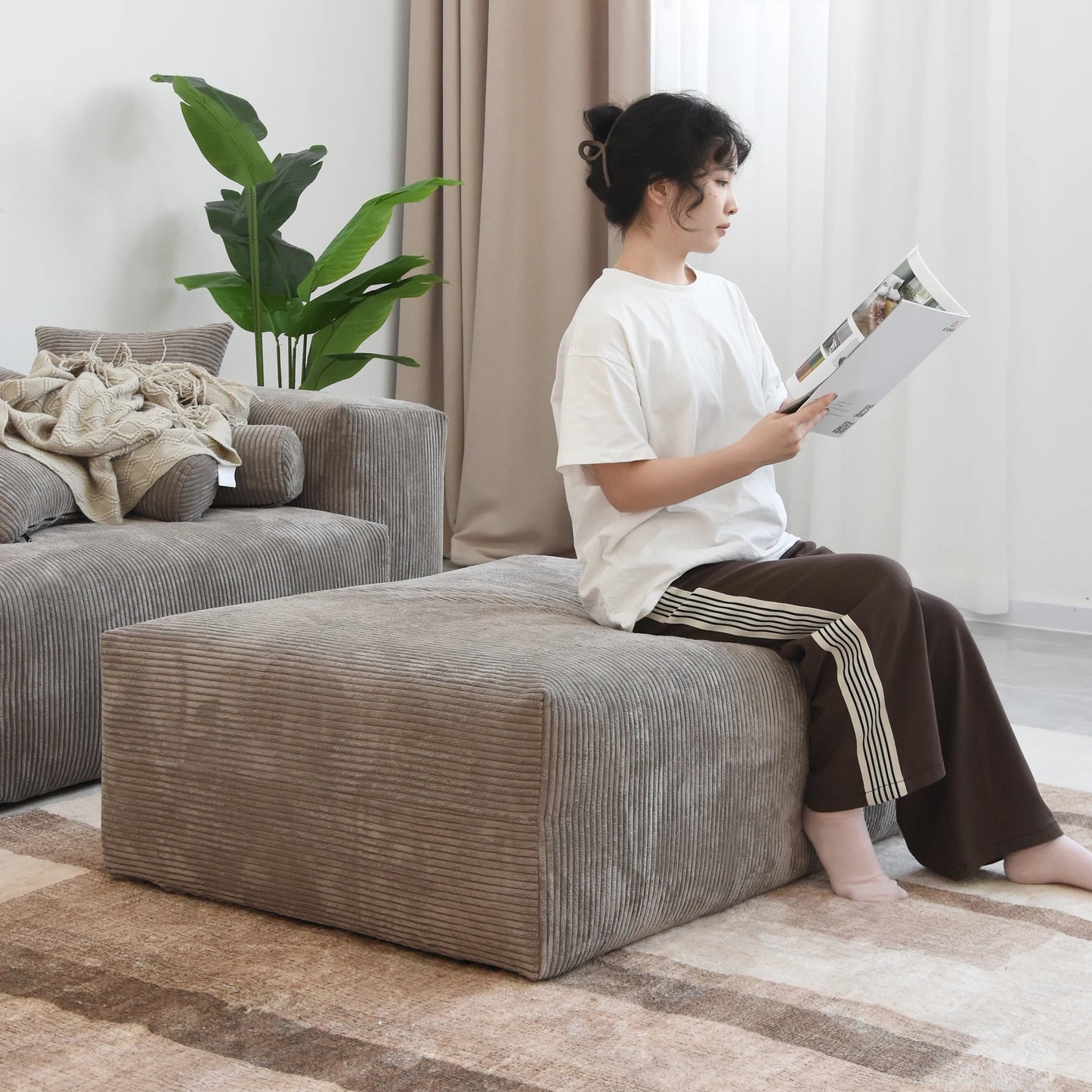 Modern Corduroy Fabric Sectional Couch with 4 Pillows 102" L-Shaped Sofa with Chaise Ottoman Hardwood Frame Sofa for Living Room