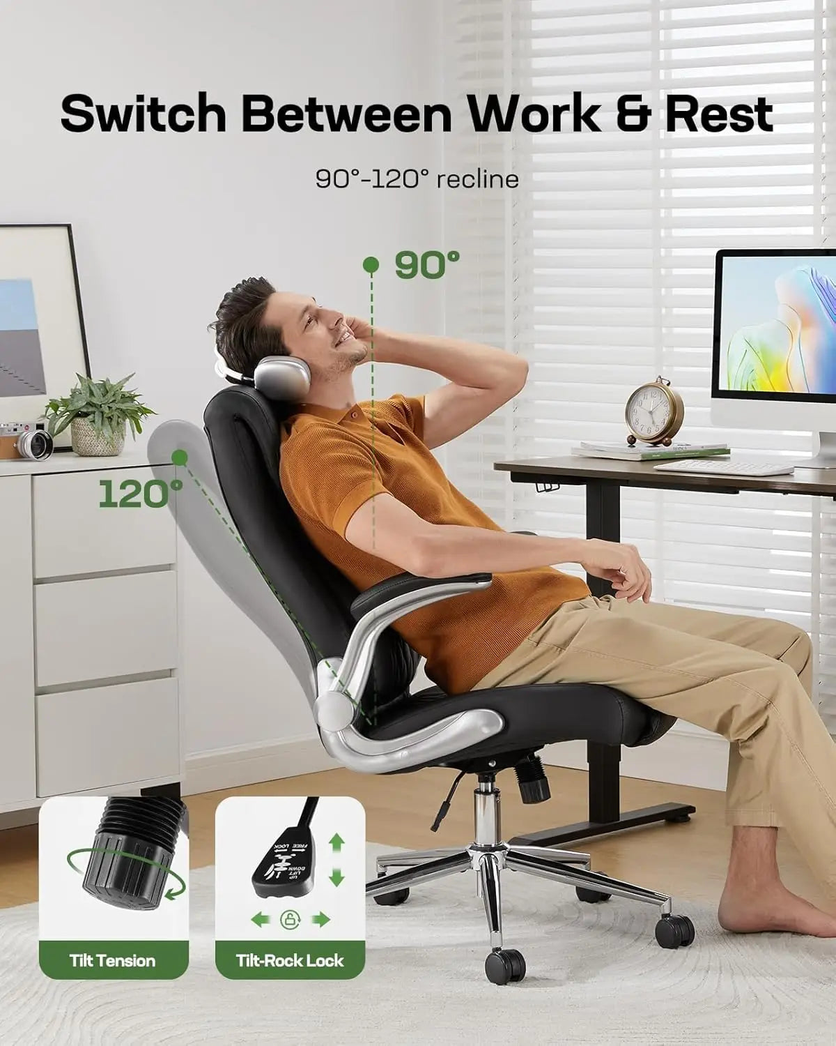 Ergonomic Office Chair with Lumbar Support, Adjustable Height & Flip-up Arms - Black
