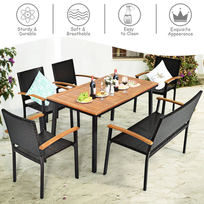 6 PCS Patio Rattan Dining Set Acacia Wood Table Stackable Chair Bench