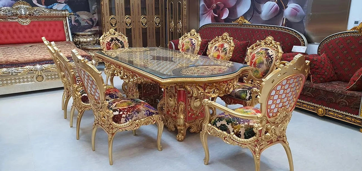 French Royal Baroque Dining Set — Hand-Carved Solid Wood Table with Upholstered Chairs, Luxury Gold for Villa/Hotel