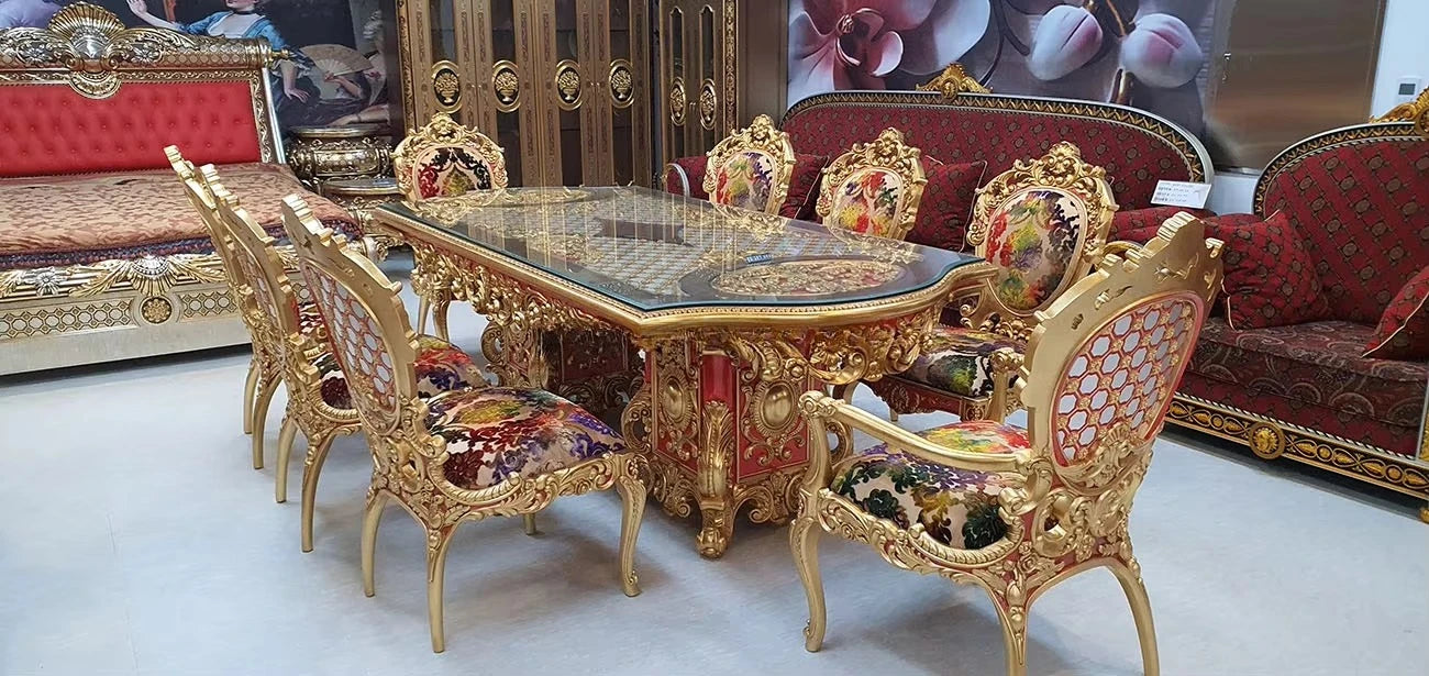 French Royal Baroque Dining Set — Hand-Carved Solid Wood Table with Upholstered Chairs, Luxury Gold for Villa/Hotel
