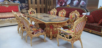 French Royal Baroque Dining Set — Hand-Carved Solid Wood Table with Upholstered Chairs, Luxury Gold for Villa/Hotel