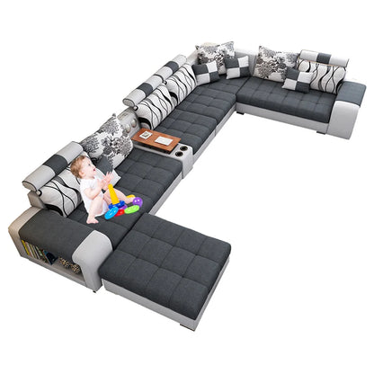 Modern Fabric Sofa Set Furniture Living Room Sofa Set with USB and Stools U Shape Cloth Couch Sofas for Home Furniture 1903