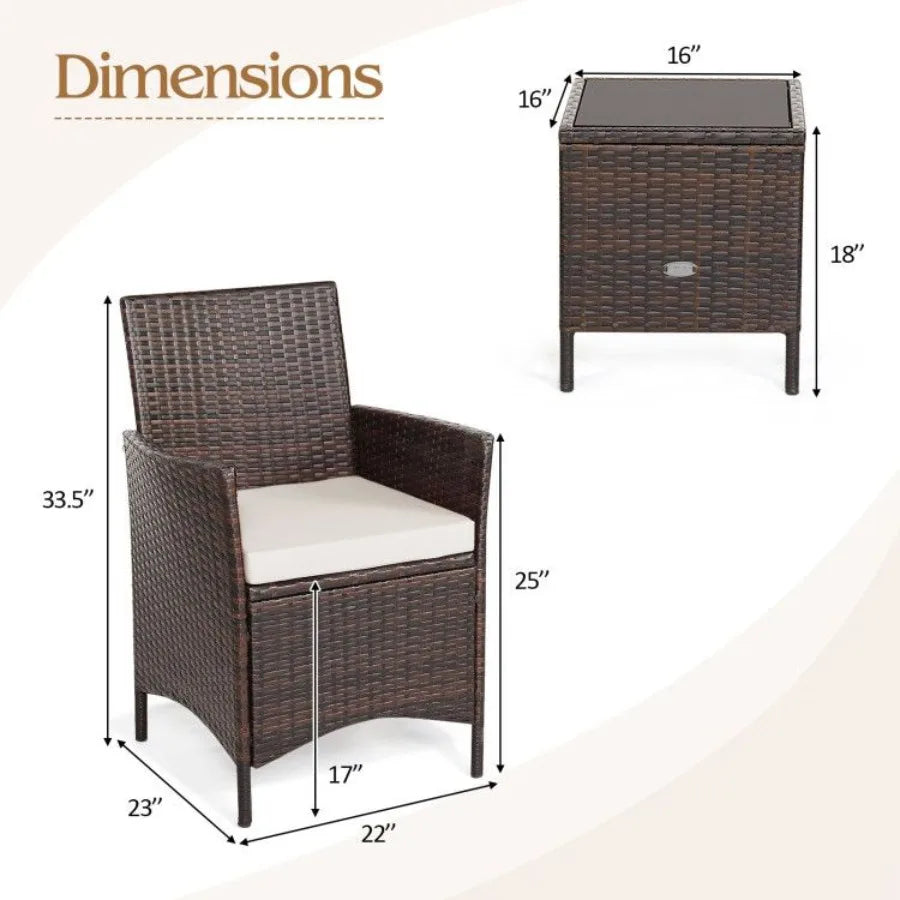 3 Pieces Patio Cushioned Rattan Converstaion Set With Glass Table Top